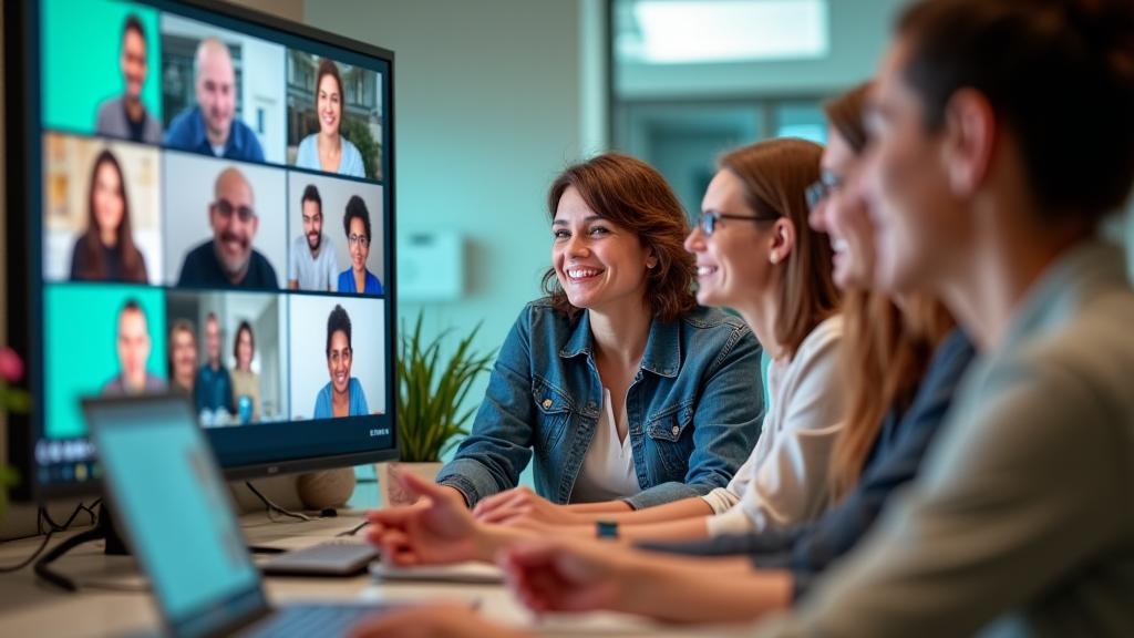 Grupa ljudi se smeje i komunicira tokom online radionice putem video poziva, naglašavajući interaktivnost i zajednicu